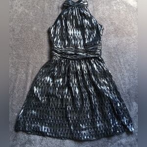 Halston Heritage silver and black metallic scarf neck dress